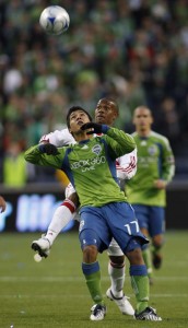 MLS Red Bulls Sounders Soccer Seattle Sounders forward Fredy Montero, left, of Columbia, battles with New York Red Bulls